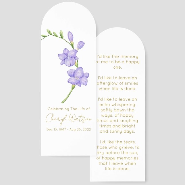 Simple Freesia Funeral Memorial Bookmark (Front & Back)