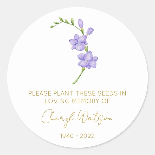 Simple Freesia Memorial Seed Packet Classic Round Sticker (Front)