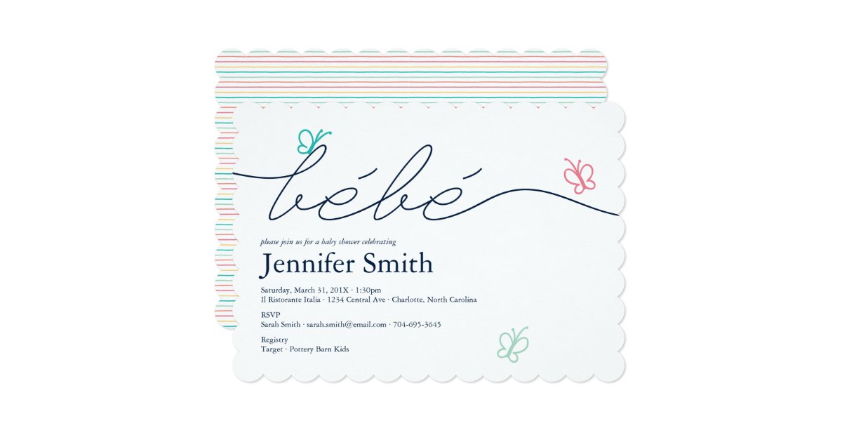 Simple French Bebe Butterfly Baby Shower Invitation Zazzle Com