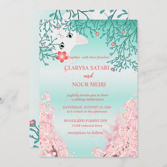 Simple  fresh colorful cat flowers wedding invitation (Front/Back)