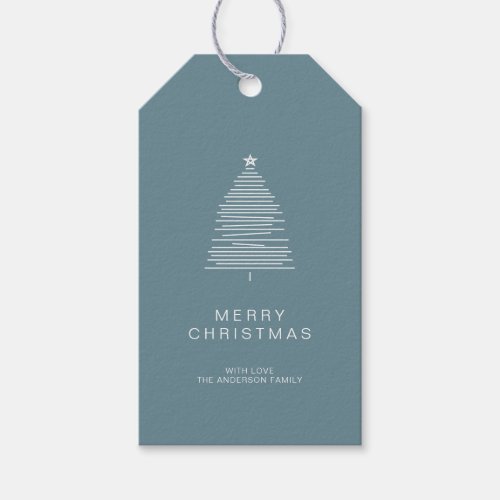 Simple Frost Blue Line Art Merry Christmas Tree Gift Tags