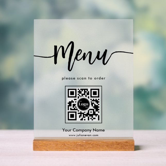 Simple Frosted Minimalist Menu Script QR Code Acrylic Sign (Neutral)