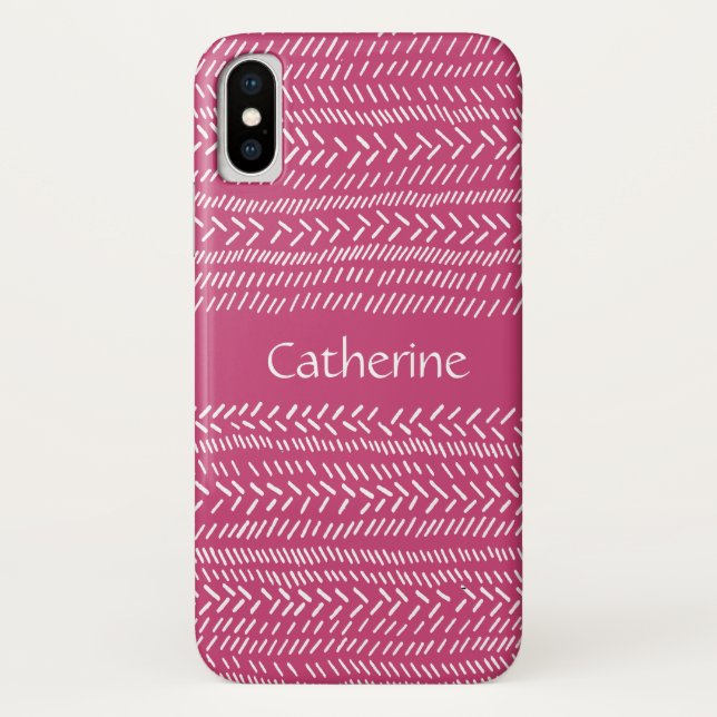 Simple Fuchsia Pink White Stripes Boho Add Name Case-Mate iPhone Case (Back)