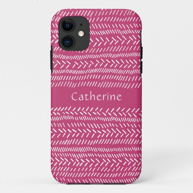 Simple Fuchsia Pink White Stripes Boho Add Name Case-Mate iPhone Case (Back)