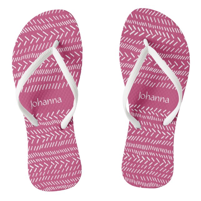 Simple Fuchsia Pink White Stripes Boho Add Name Flip Flops (Footbed)
