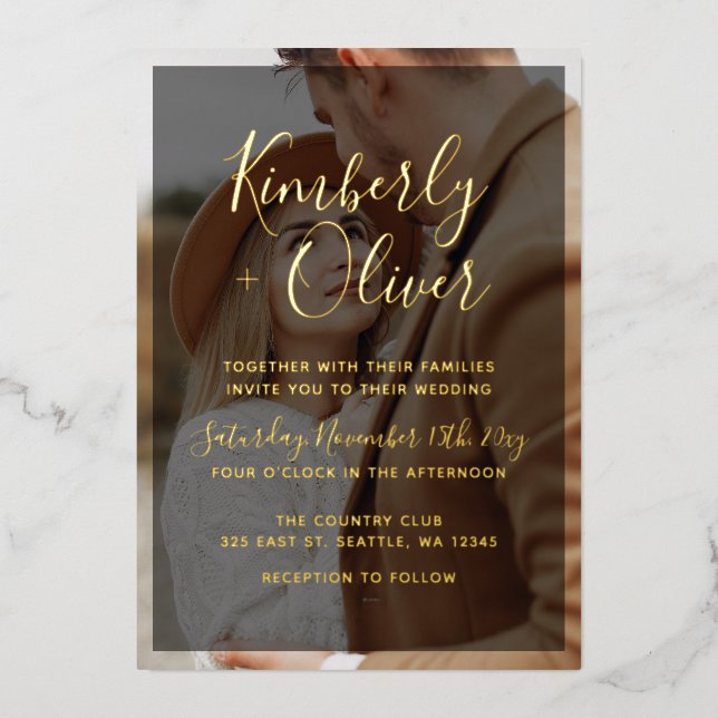Simple Full Photo Overlay Wedding Foil Invitation (Front)