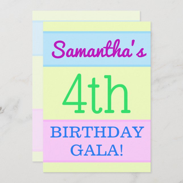 Simple, Fun "4th BIRTHDAY GALA!" Invitation (Front/Back)