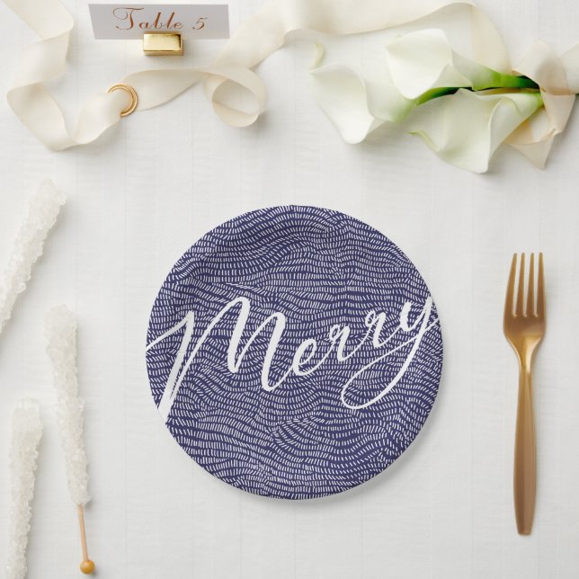 Simple Fun Blue Doodle Merry Christmas Holiday Paper Plates (Wedding)