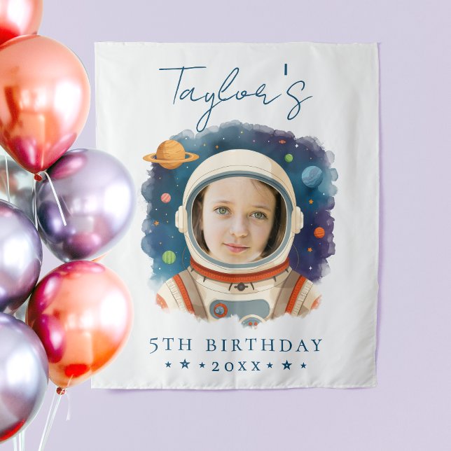 Simple Fun Blue White Astronaut Photo Watercolor Tapestry (Creator Uploaded)