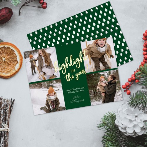 Simple Fun Brushed Script Green Photo Collage Foil Holiday Card