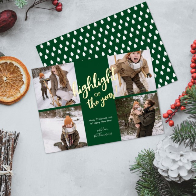 Simple Fun Brushed Script Green Photo Collage Foil Holiday Card (Creator Uploaded)
