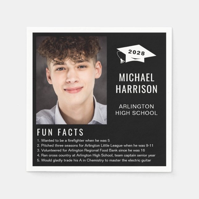 Simple Fun Facts Photo Black Graduation Napkins (Front)