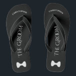 Simple Fun Groom's Name & Bow Tie Wedding Flip Flops<br><div class="desc">These fun flip flops are a designed as a fun way for the groom to save his feet after a long day, and get ready to dance all night long! They feature a simple white on black design with his name at the top, the words "The Groom" spelled out in...</div>