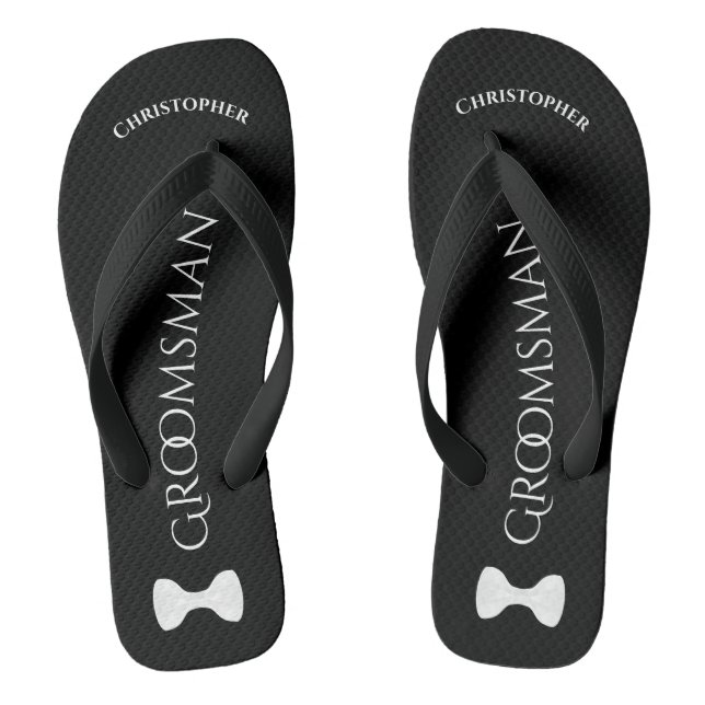 Simple Fun Groomsman Name & Bow Tie Wedding Flip Flops (Footbed)