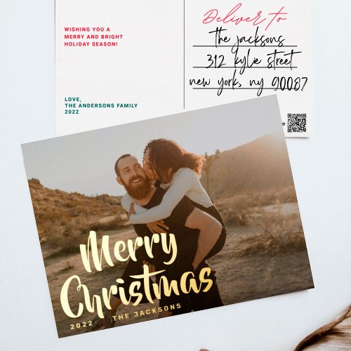 Simple Fun Merry Christmas Family Gold Photo Foil Holiday Postcard