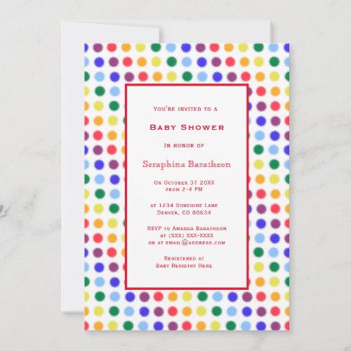 Simple Fun Rainbow Polka Dot Border Baby Shower Invitation