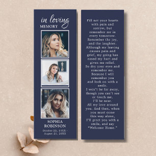 Simple Funeral 3 Photo Navy Blue Prayer Card