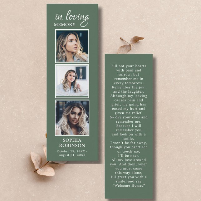 Simple Funeral 3 Photo Sage Green Prayer Card (Creator Uploaded)