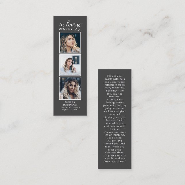 Simple Funeral 3 Photo Sympathy Gray Prayer Card (Front/Back)