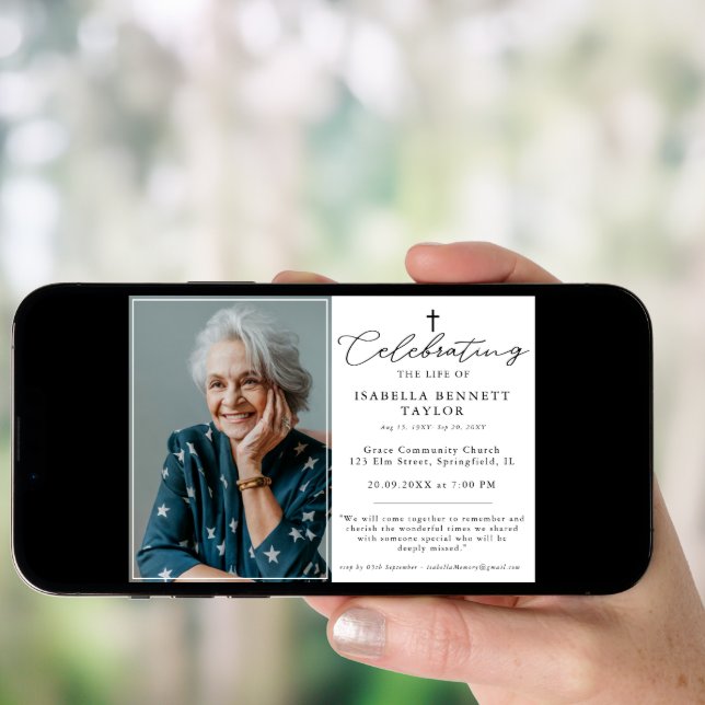 Simple Funeral Celebration Religious Cross Photo Invitation (Front Digital)