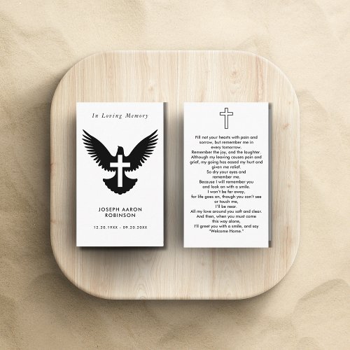 Simple Funeral Cross On Dove Memorial Prayer Card