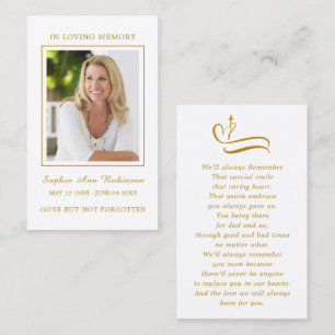 Simple Funeral Gold Script Prayer Photo Card
