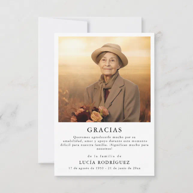 Simple Funeral Gracias Spanish Photo Thank You Card Zazzle