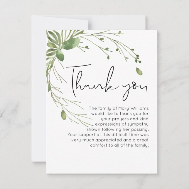 Simple Funeral Greenery Thank You Note Card (Front)