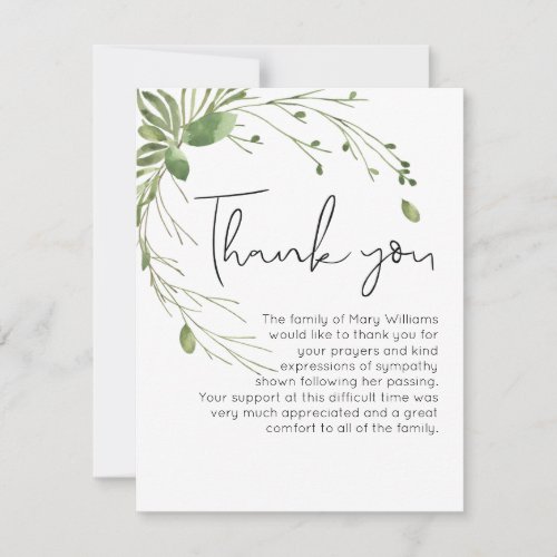 Simple Funeral Greenery Thank You Note Card