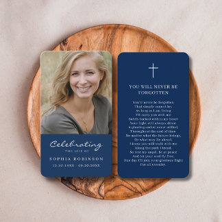 Simple Funeral Memorial Blue Prayer Photo Card