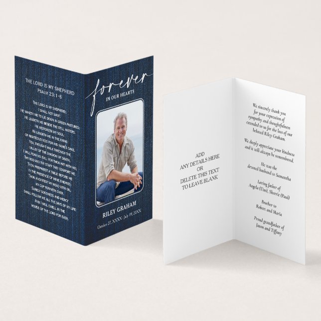Simple Funeral Memorial Denim Prayer Photo Card (Inside and Outside)