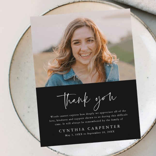 Simple Funeral Memorial Photo Postcard (Modern script black and white photo memorial thank you postcard.)