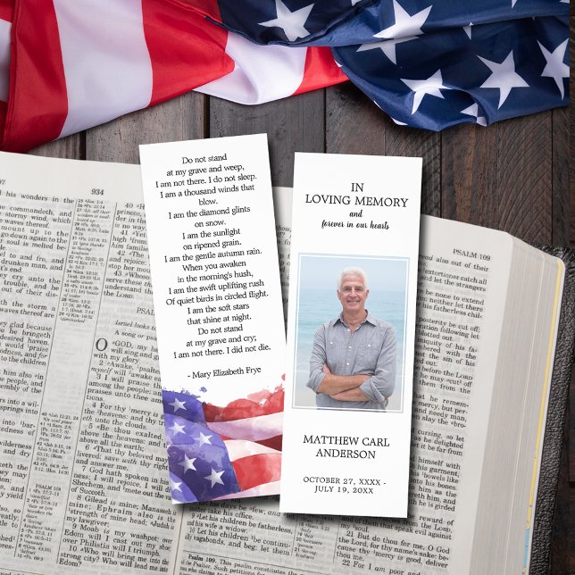 Simple Funeral Memorial Photo US Flag Bookmarks (Simple funeral memorial photo United States flag bookmarks 2" x 5.6")
