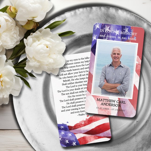 Simple Funeral Memorial Photo US Flag Prayer Card (United States flag funeral photo memorial prayer cards with a bible verse on the back)
