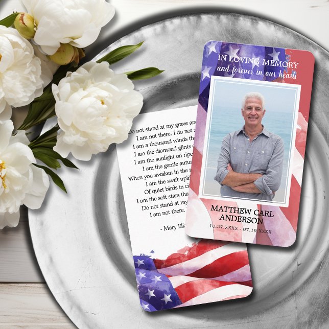 Simple Funeral Memorial Photo US Flag Prayer Card (United States flag funeral photo memorial prayer cards with a poem on the back)