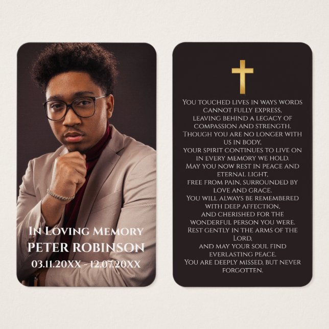 Simple Funeral Memorial Prayer Photo Black Card (Front & Back)