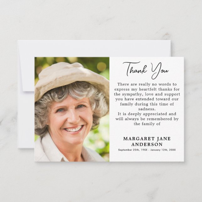 Simple Funeral Photo - Memorial Sympathy Thank You Card (Front)