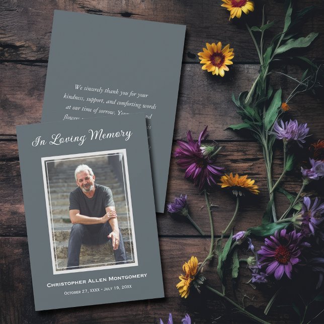 Simple Funeral Photo Sympathy Memorial Note Card (Simple steel blue funeral photo flat thank you notes with your message on the back)