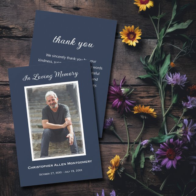 Simple Funeral Photo Sympathy Memorial Note Card (Simple photo funeral navy blue flat thank you notes with your message on the back)