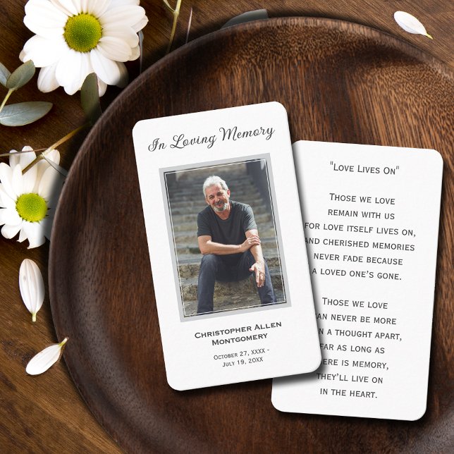 Simple Funeral Photo Sympathy Memorial Prayer Card (SMALL 3.5" x 2" photo funeral memorial cards, details on front, poem or prayer on back)