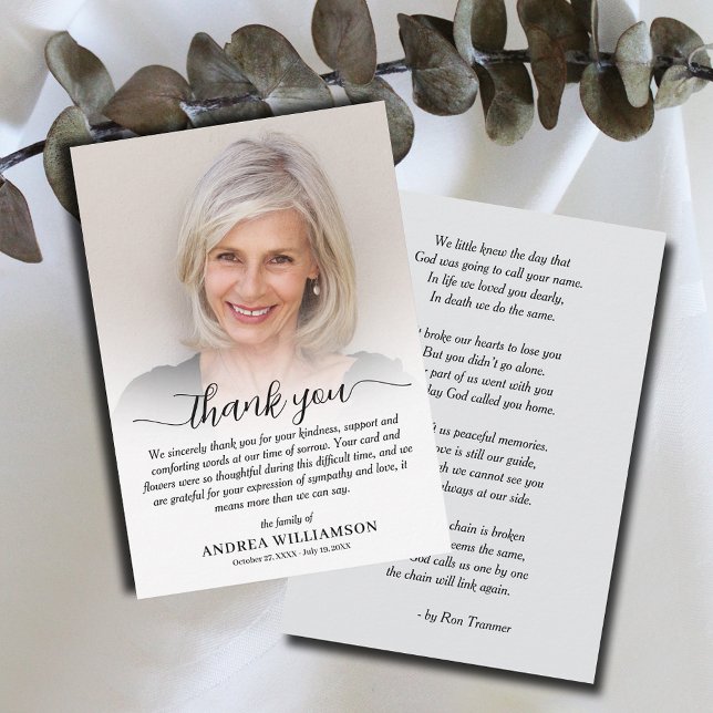 Simple Funeral Photo Sympathy Thank You Card (Simple funeral flat thank you notes, photo and thank you on the front and poem/prayer  on the back.)