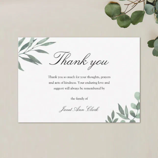 Simple Funeral & Sympathy Thank You Card w/ Leaves | Zazzle