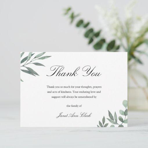 Simple Funeral & Sympathy Thank You Card w/ Leaves | Zazzle