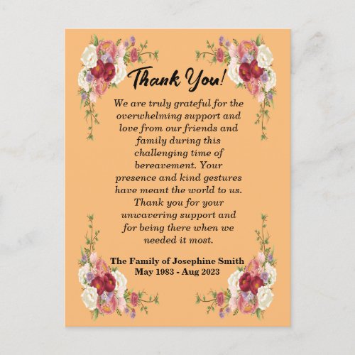 Simple Funeral Thank You Message For Condolence Postcard