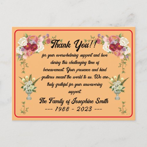 Simple Funeral Thank You Message For Condolences Postcard