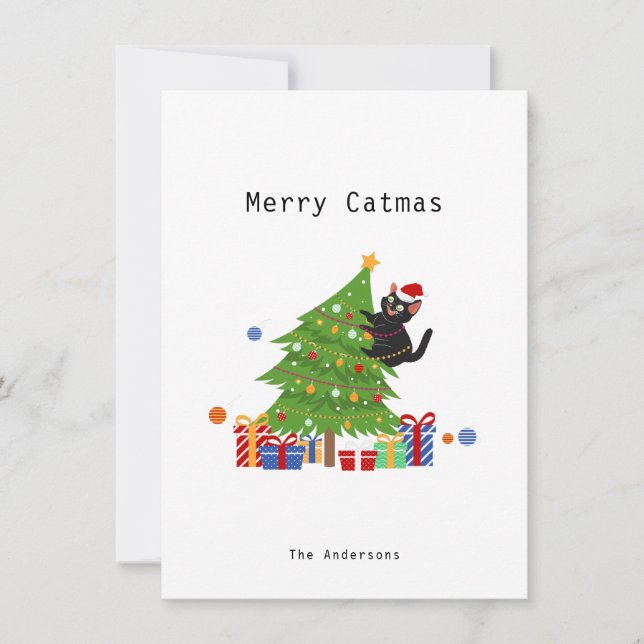 Simple Funny Black Cat And Christmas Tree Holiday Card (Front)