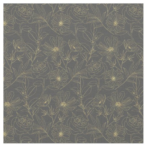 Simple garden flowers gold outlines design fabric