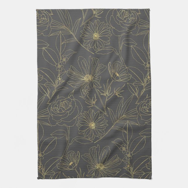 Simple garden flowers gold outlines design kitchen towel (Vertical)