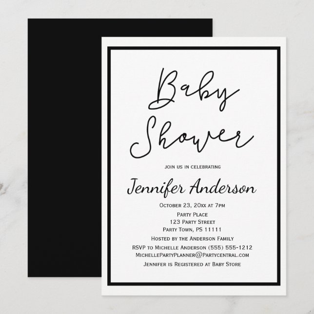 Simple Gender Neutral Black White Baby Shower Invitation (Front/Back)