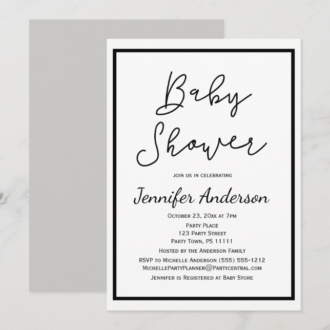 Simple Gender Neutral Black White Baby Shower Invitation (Front/Back)